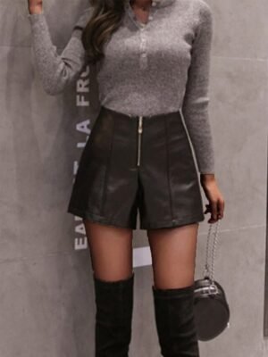 Fashion Mid Waist Plain Elastic Waist Short Leather Pants - Image 2