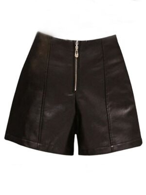Fashion Mid Waist Plain Elastic Waist Short Leather Pants - Image 5