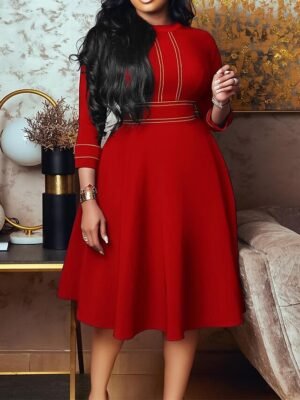 Fashion Midi Zipper Stand Collar 3/4 Sleeve Colourblock Dress - Image 11