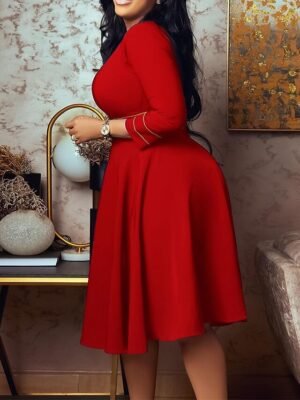 Fashion Midi Zipper Stand Collar 3/4 Sleeve Colourblock Dress - Image 12