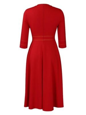 Fashion Midi Zipper Stand Collar 3/4 Sleeve Colourblock Dress - Image 16