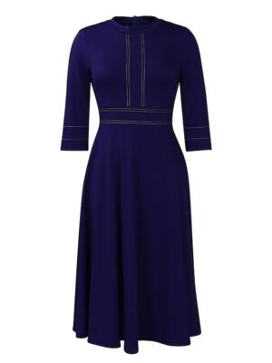 Fashion Midi Zipper Stand Collar 3/4 Sleeve Colourblock Dress - Image 4