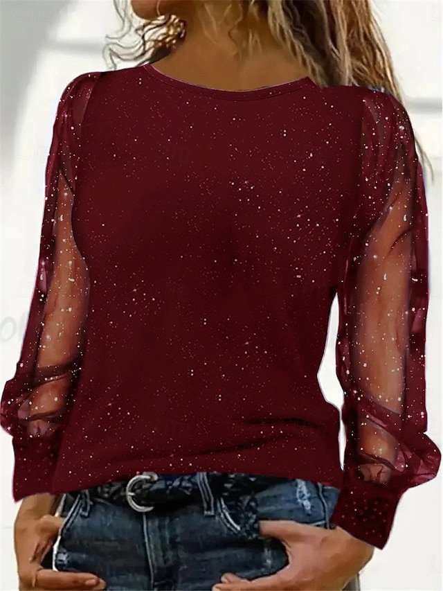 Fashion Modern Casual Crew Neck Long Sleeve Mesh Patchwork Regular Top - Image 2