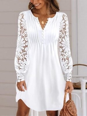 Fashion Modern Mini Contrast Lace Crew Neck Long Sleeve Dress - Image 1