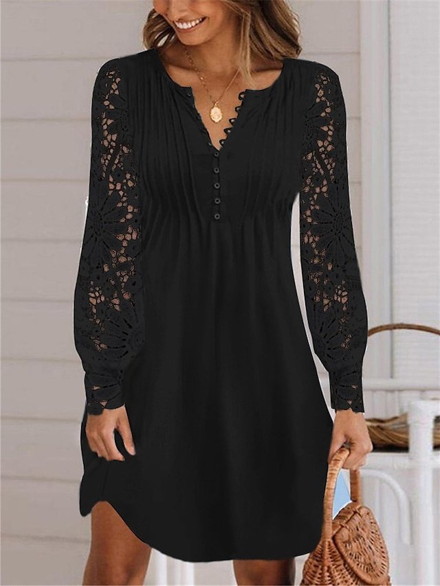 Fashion Modern Mini Contrast Lace Crew Neck Long Sleeve Dress - Image 2