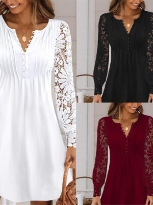 Fashion Modern Mini Contrast Lace Crew Neck Long Sleeve Dress - Image 7