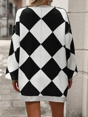 Fashion Oversized Geometric Open Front Long Sleeve Cardigan - Image 7