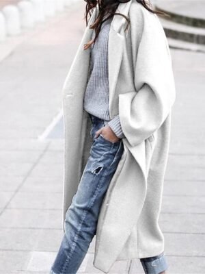 Fashion Oversized Solid Lapel Long Sleeve Long Pea Coat - Image 3
