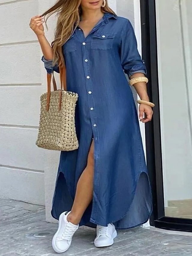 Fashion Plus Size Solid V Neck 3/4 Sleeve Maxi Denim Dress - Image 1