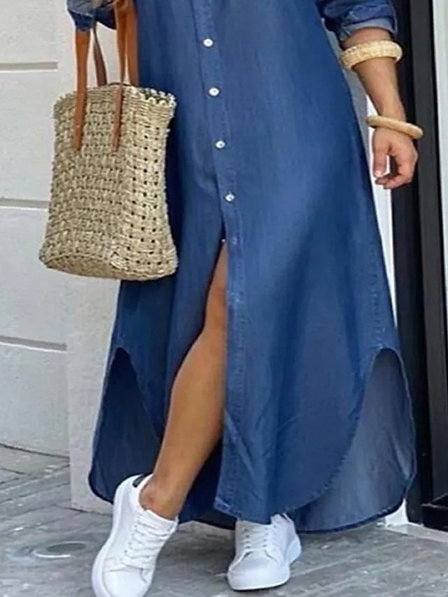 Fashion Plus Size Solid V Neck 3/4 Sleeve Maxi Denim Dress - Image 2