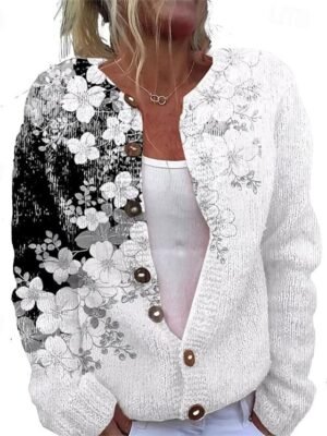 Fashion Regular Animal Floral Ribbed Open Front Long Sleeve Long Cardigan - Image 1
