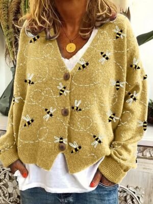 Fashion Regular Animal V Neck Long Sleeve Sweater Cardigan - Image 1