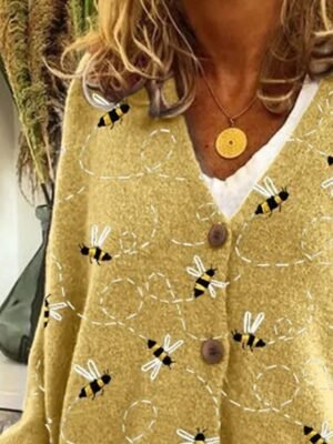 Fashion Regular Animal V Neck Long Sleeve Sweater Cardigan - Image 2