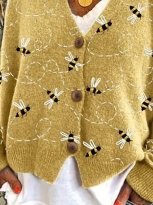 Fashion Regular Animal V Neck Long Sleeve Sweater Cardigan - Image 3