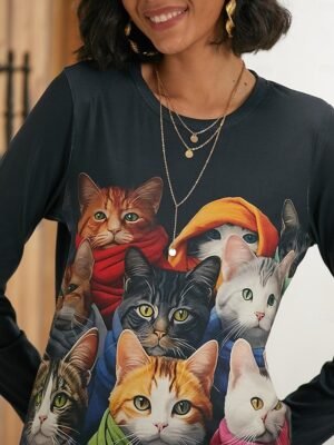 Fashion Regular Cat 3D Round Neck Long Sleeve Top - Image 1