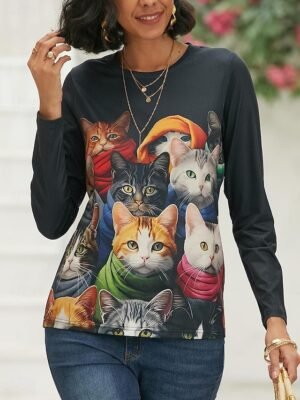 Fashion Regular Cat 3D Round Neck Long Sleeve Top - Image 2