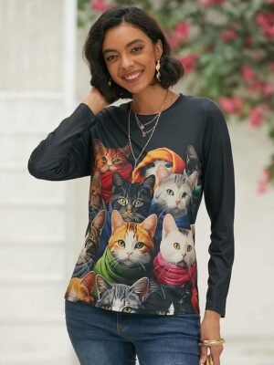 Fashion Regular Cat 3D Round Neck Long Sleeve Top - Image 3