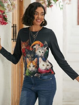 Fashion Regular Cat 3D Round Neck Long Sleeve Top - Image 4