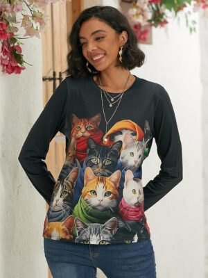 Fashion Regular Cat 3D Round Neck Long Sleeve Top - Image 5