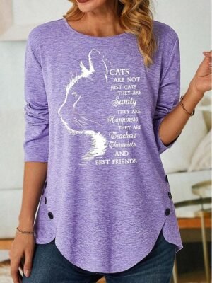 Fashion Regular Cat Letter Print Round Neck Long Sleeve Top - Image 1