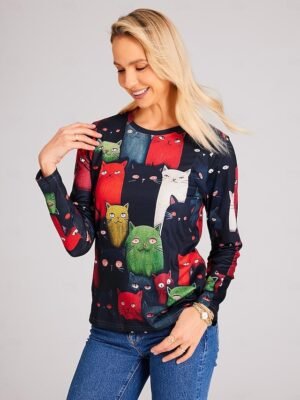 Fashion Regular Cat Print Round Neck Long Sleeve Top - Image 4