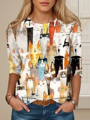 Fashion Regular Cat Print Round Neck Long Sleeve Top - Image 7