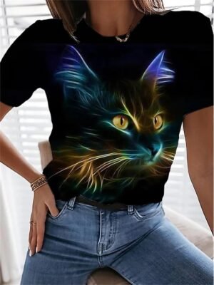 Fashion Regular Cat Print Round Neck Short Sleeve Top - Image 1