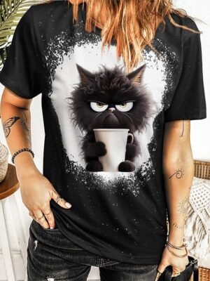 Fashion Regular Cat Print Round Neck Short Sleeve T-Shirt - Image 1