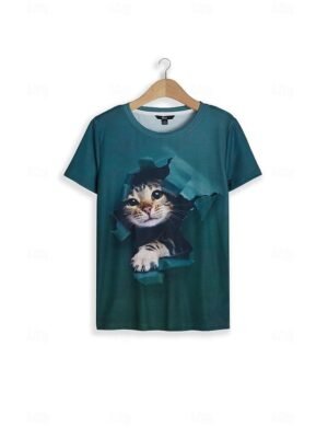 Fashion Regular Cat Print Round Neck Short Sleeve Top - Image 17