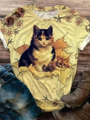 Fashion Regular Cat Print Round Neck Short Sleeve Top - Image 2