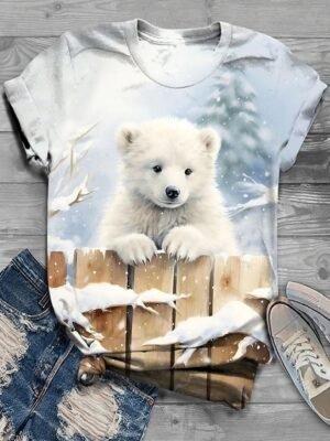 Fashion Regular Cat Print Round Neck Short Sleeve Summer T-Shirt - Image 2