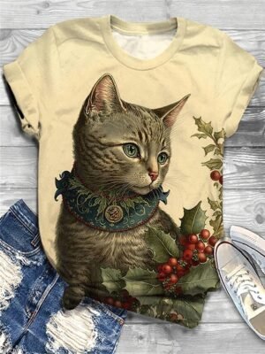 Fashion Regular Cat Print Round Neck Short Sleeve Top - Image 3