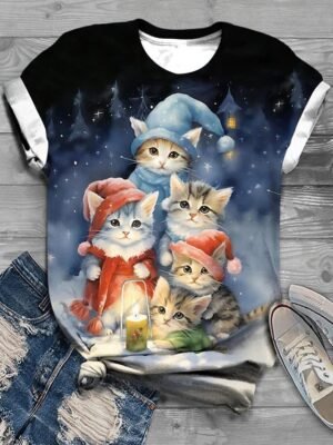 Fashion Regular Cat Print Round Neck Short Sleeve Summer T-Shirt - Image 3