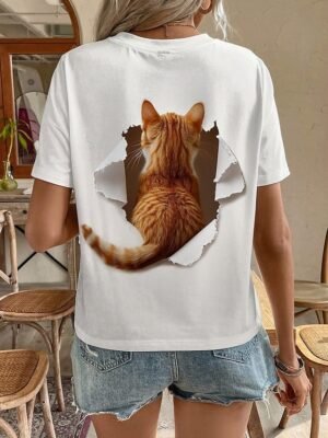 Fashion Regular Cat Print Round Neck Short Sleeve Top - Image 3