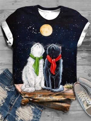 Fashion Regular Cat Print Round Neck Short Sleeve Top - Image 4