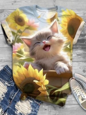 Fashion Regular Cat Print Round Neck Short Sleeve Summer T-Shirt - Image 4