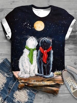 Fashion Regular Cat Print Round Neck Short Sleeve Summer T-Shirt - Image 5