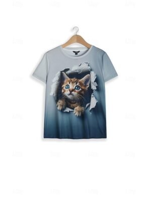 Fashion Regular Cat Print Round Neck Short Sleeve Top - Image 7
