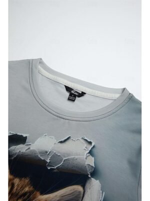 Fashion Regular Cat Print Round Neck Short Sleeve Top - Image 9