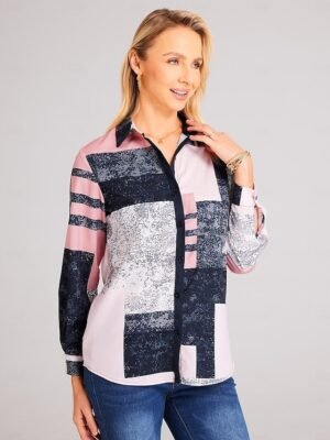 Fashion Regular Color Block Shirt Collar Long Sleeve Blouse - Image 6