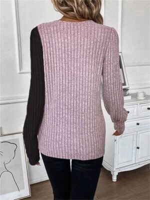 Fashion Regular Colour Block Round Neck Long Sleeve Tops - Image 2