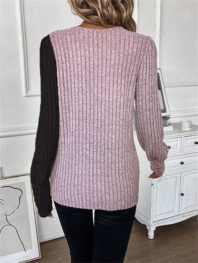 Fashion Regular Colour Block Round Neck Long Sleeve Tops - Image 2
