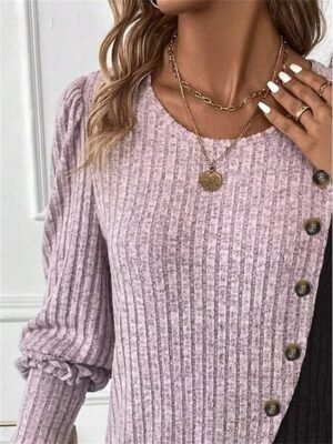 Fashion Regular Colour Block Round Neck Long Sleeve Tops - Image 3