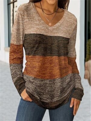 Fashion Regular Colour Block V Neck Long Sleeve Tops - Image 1