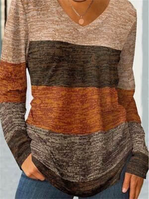 Fashion Regular Colour Block V Neck Long Sleeve Tops - Image 3