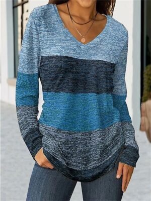 Fashion Regular Colour Block V Neck Long Sleeve Tops - Image 4