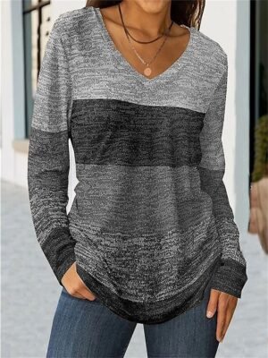 Fashion Regular Colour Block V Neck Long Sleeve Tops - Image 5