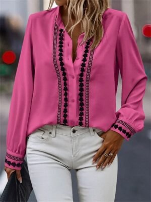 Fashion Regular Embroidered Shirt Collar Long Sleeve Blouse - Image 2