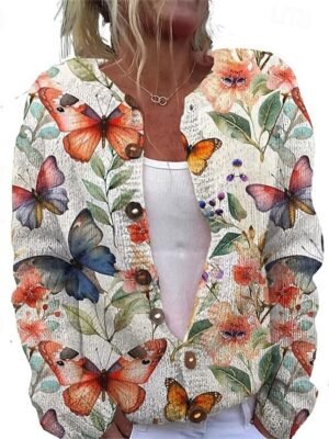Fashion Regular Fit Animal Butterfly Open Front Long Sleeve Long Cardigan - Image 1