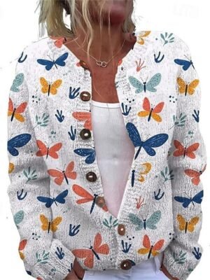 Fashion Regular Fit Animal Butterfly Open Front Long Sleeve Long Cardigan - Image 3
